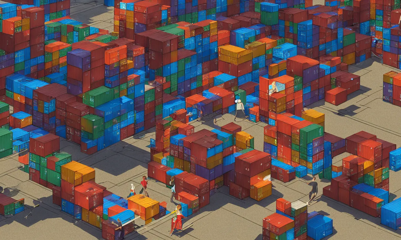 Image similar to podman run, exec, broken containers, 3 d art, digital illustration, perfect lighting