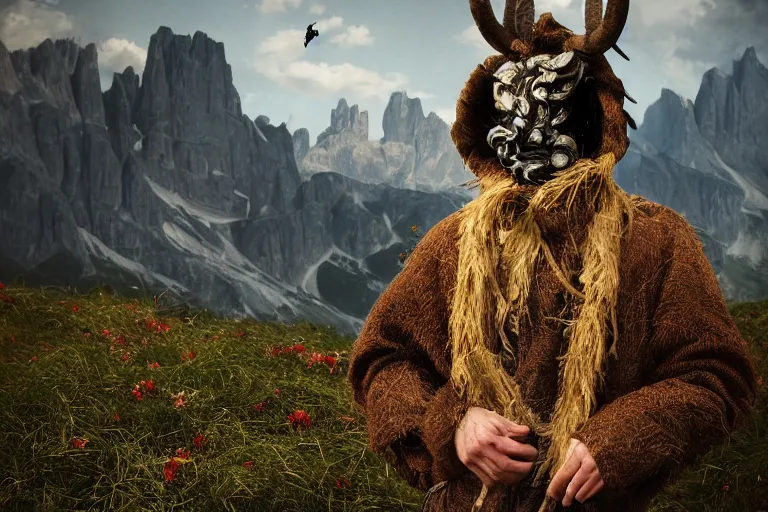 Image similar to portrait of a tyrolean folklore mask, dark, eerie , wearing hay coat, with horns, eerie, flowers growing out of his body, dolomites in the background, detailed intricate insanely detailed octane render, 8k artistic 1920s photography, photorealistic, chiaroscuro, by David Cronenberg, Raphael, Caravaggio