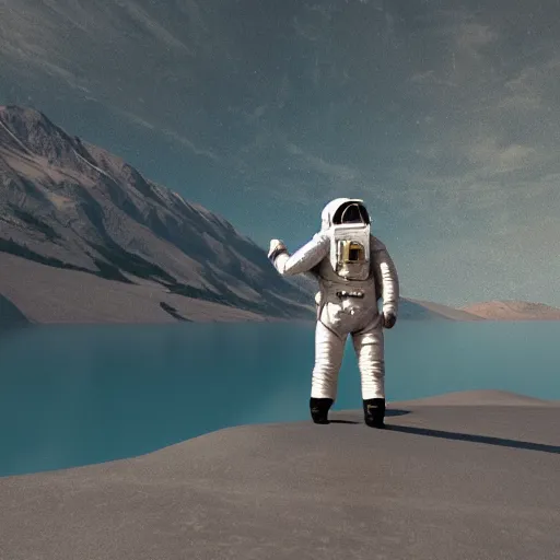 Image similar to ultra-realistic octane render of astronaut standing in the water of Lake Baikal and looking at the mountains. Trending on artstation