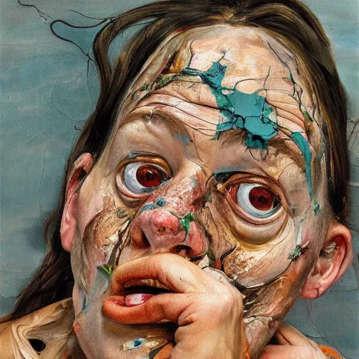 Image similar to high quality high detail painting by lucian freud and jenny saville, hd, horror, unsettling, turquoise