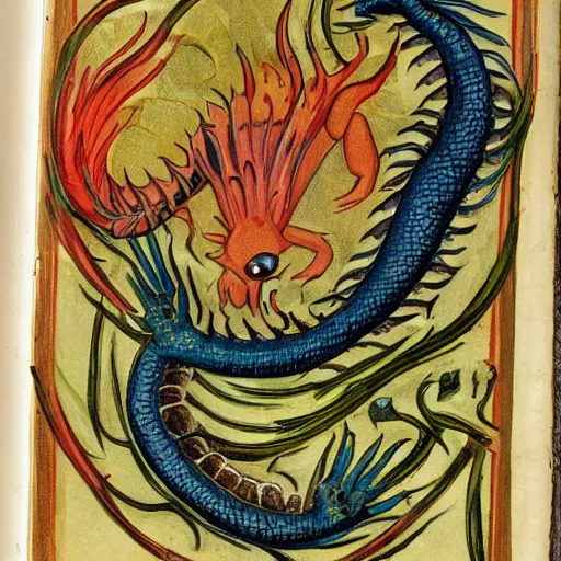 Image similar to salamander on fire in the style of a grotesque of an illuminated manuscript