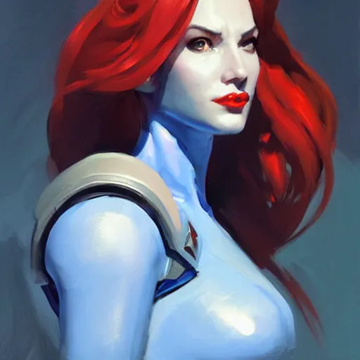 Image similar to greg manchess portrait painting of partially armored mystique as overwatch character, medium shot, asymmetrical, profile picture, organic painting, sunny day, matte painting, bold shapes, hard edges, street art, trending on artstation, by huang guangjian and gil elvgren and sachin teng