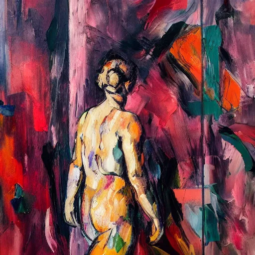 Prompt: _ in _ these _ paintings _ we _ see _ a _ woman _ walking _ in _ circles in a busy void space, 4 k, in the style of ben quilty, cezanne, hyper realism, minimal pink palette, medium shot, oil paint with thick brushstrokes of paint, impasto, detailed,