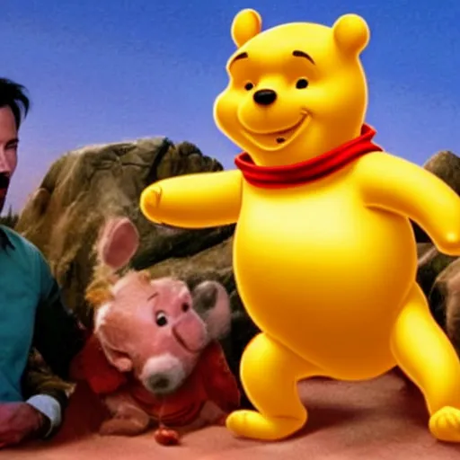 Image similar to A still of Keanu Reeves as Winnie the Pooh