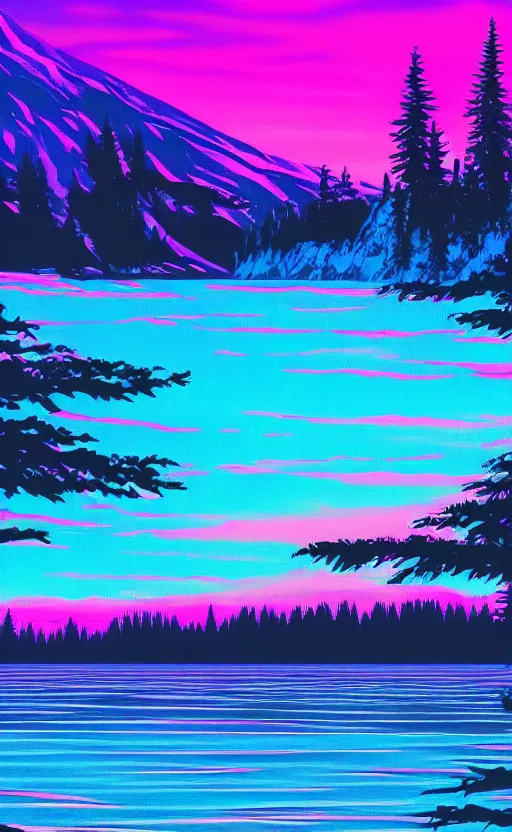 Image similar to beautiful award winning synthwave painting of a canadian lake, extreme detail, mobile wallpaper, digital art, 4 k, ultra hd