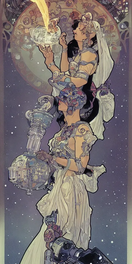 Image similar to a woman wearing outer space as a dress, pouring water from a vase into the milky way, by travis charest, by alphonse mucha, battle chasers.