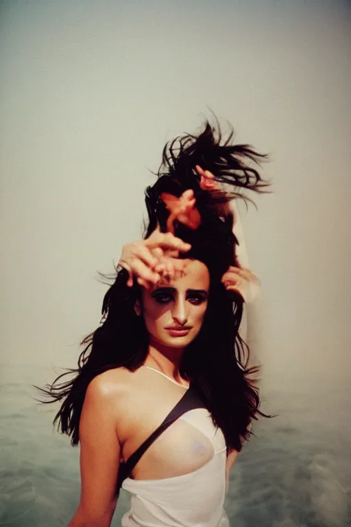 Image similar to penelope cruz, photo, portrait, mid - shot, 3 5 mm, kodak gold 2 0 0, warm lightning, lomography