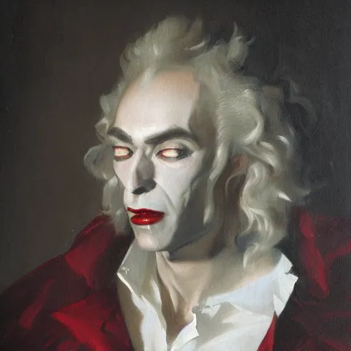 Image similar to oil painting portrait of (vampire) by hyacinthe rigaud, (Greg rutkowski)