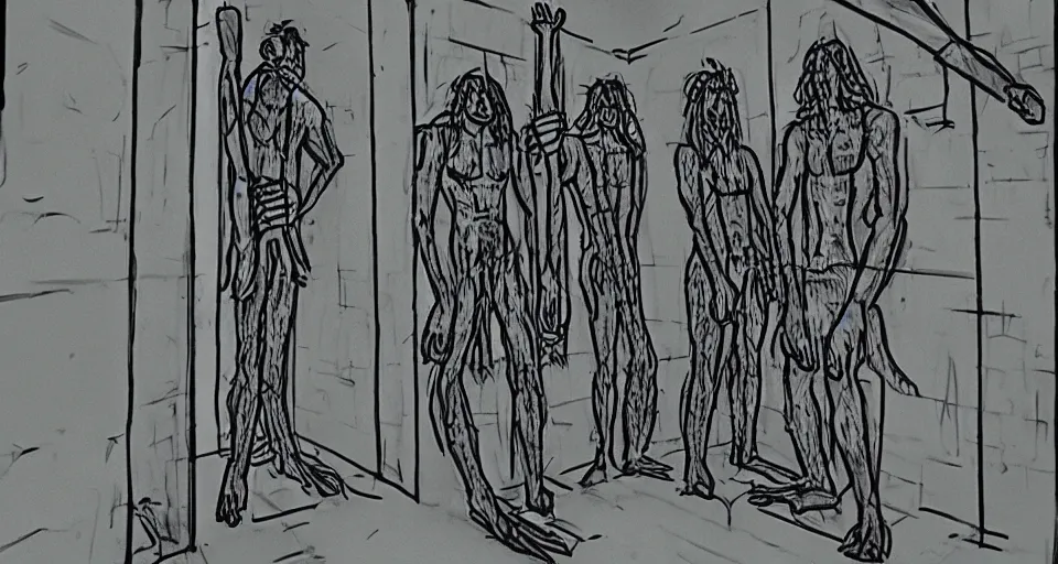 Prompt: a very tall elevator depicted as cavemen drawings