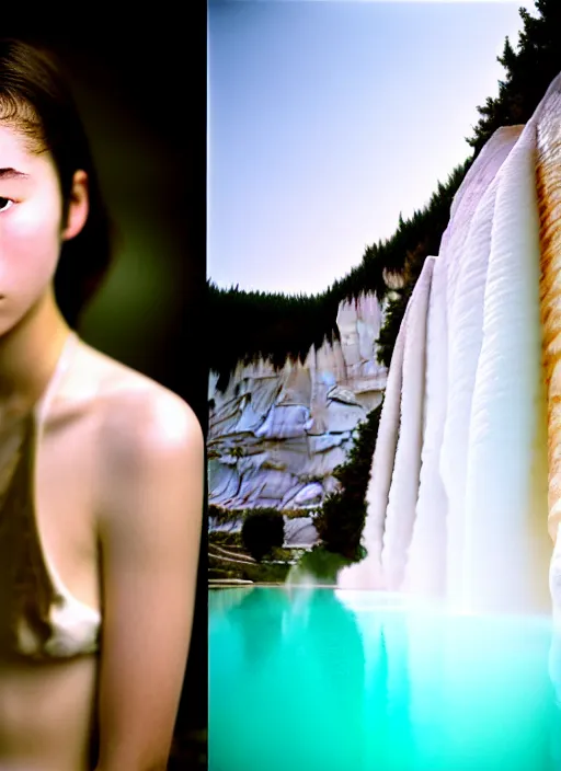 Image similar to Kodak Portra 400, 8K, soft light, volumetric lighting, highly detailed, britt marling style 3/4 ,portrait photo of teen Kasumi Arimura, the face emerges from Pamukkale, thermal waters flowing down white travertine terraces, inspired by Ophelia paint , a beautiful luxurious celestial suit and hair are intricate with highly detailed realistic beautiful flowers , Realistic, Refined, Highly Detailed, interstellar outdoor soft pastel lighting colors scheme, outdoor fine art photography, Hyper realistic, photo realistic