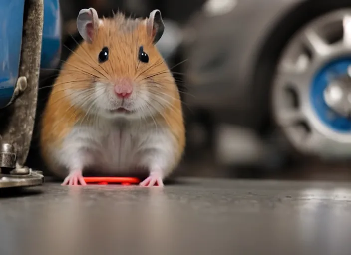 Image similar to film still of a hamster working as a mechanic in an auto shop, 8 k