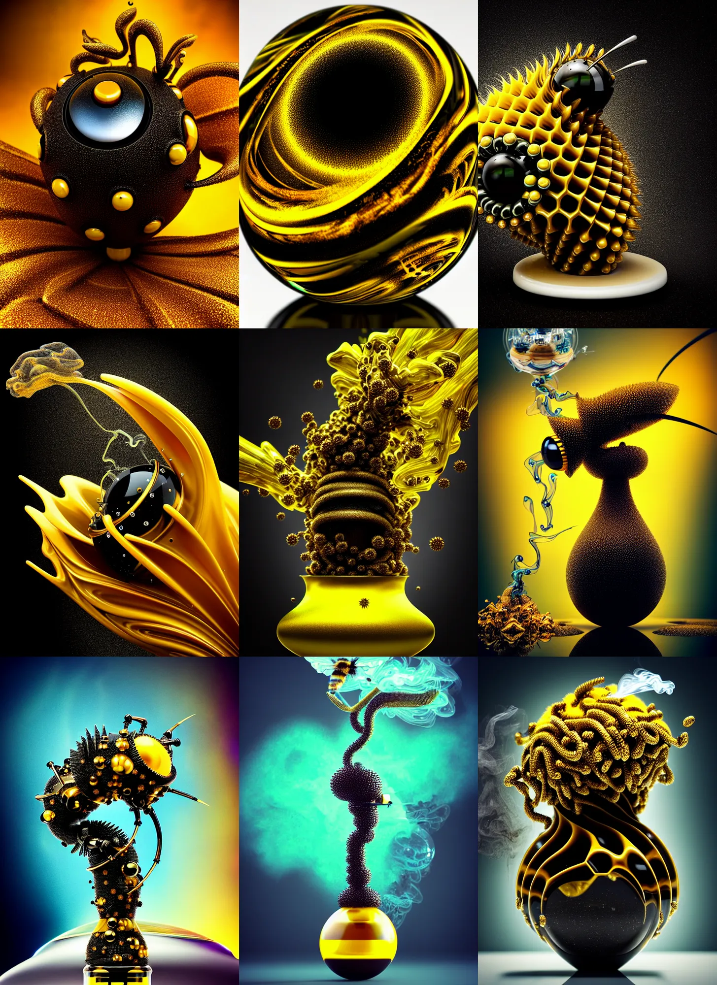 Prompt: ferro fluid bumblebee edm cyborg smoking spherical milk honey bong | ornate jewelry | glamorous oily soft polished rich enticing ornate modern | weta disney pixar movie still photo | hi - fructose, sci fi fantasy, golden ratio details, smooth, octane render, sharp focus, artstation, concept art | beeple, feng zhu, mucha, rutkowski |