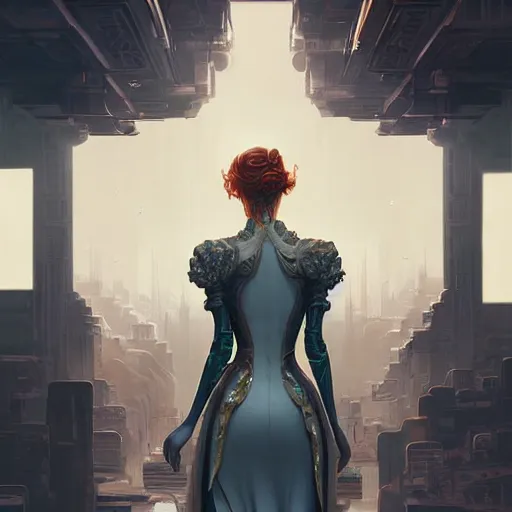 Prompt: portrait of a victorian lady in a futuristic city, from behind, streets, highly detailed, digital painting in the style of Peter Mohrbacher and M C Escher