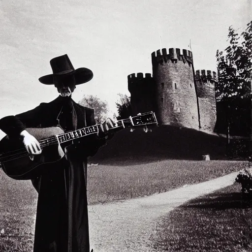 Image similar to vintage photograph of count orlok outside his castle, playing the blues on guitar, castle in the background, 4 k