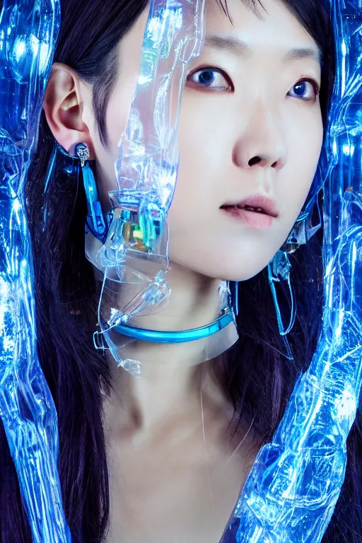 Image similar to a close - up full shot of a cyberpunk japanese woman with cold blue eyes and pretty face wearing lots of transparent and cellophane accessories, huge earrings, blue hour, cool, cold, crisp, by mayumi hosokura