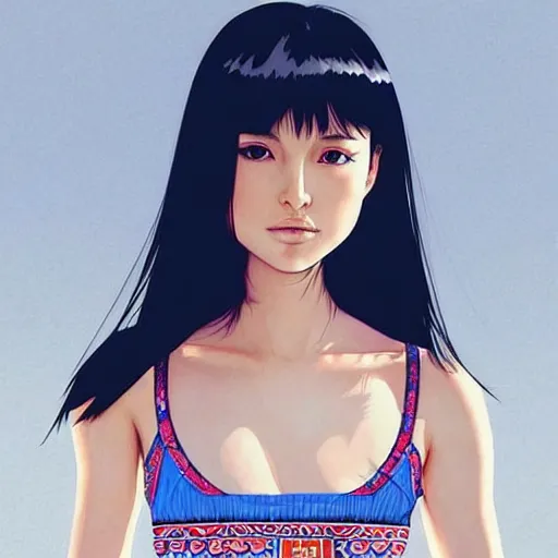 Image similar to a beautiful young japanese natalie portman alluring gravure model, wearing elegant designer tank top, elegant tank top with mesoamerican patterns, by akira toriyama and wlop and ilya kuvshinov and artgerm and, aesthetic, gorgeous, stunning, alluring, attractive, artstation, deviantart, pinterest, digital art