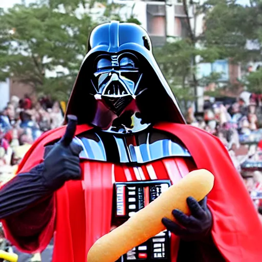 Prompt: Darth Vader in a hot dog eating contest