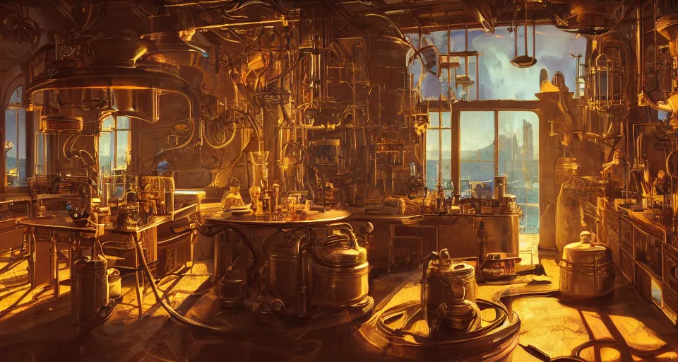 Image similar to Alchemy laboratory, hyperdetailed, artstation, cgsociety, golden hour 8k
