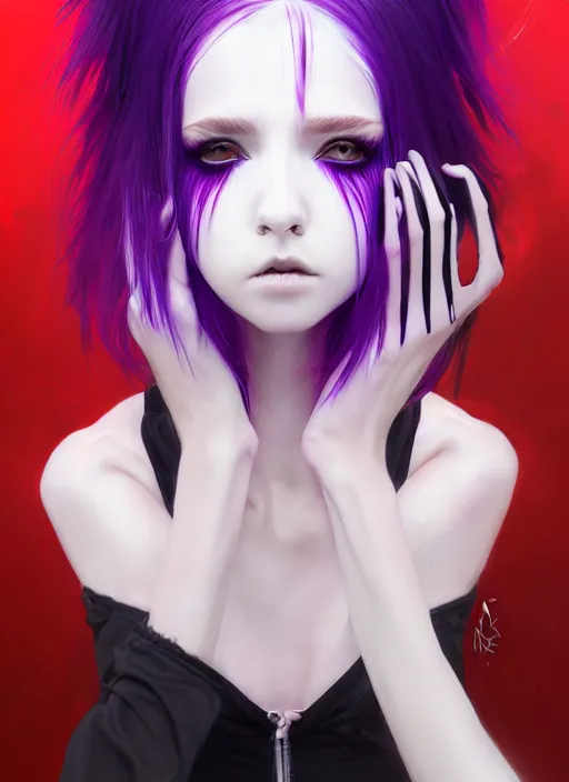 Image similar to whitebangs, black hair, black cyberlox, portrait of normal teenage girl, normal face, white bangs, fluffy bangs, cyberlox, whitebangs, red contact lenses, purple background, intricate, elegant, highly detailed, digital painting, artstation, concept art, sharp focus, smooth, illustration, art by wlop, mars ravelo and greg rutkowski