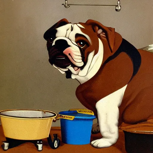 Prompt: poster of a bulldog looking at a bucket of fish, extreme details, retro style, 1965