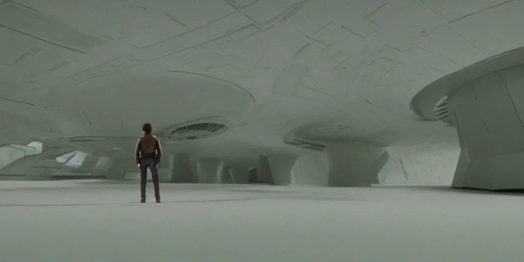 Prompt: screenshot of portrait Han Solo standing in an surreal light green 70s round minimalist architecture, on a planet of maelstrom, chaos, the world without form and void, 1970s film by Stanley Kubrick, iconic scene, HR Geiger design, stunning cinematography, octane render, hyper-detailed, sharp, anamorphic lenses, kodak color, 4k, stunning