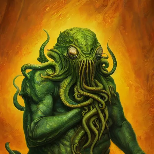 Prompt: cthulhu garfield, 4 k oil on linen by wlop, artgerm, andrei riabovitchev, nuri iyem, james gurney, james jean, greg rutkowski, highly detailed, soft lighting 8 k resolution