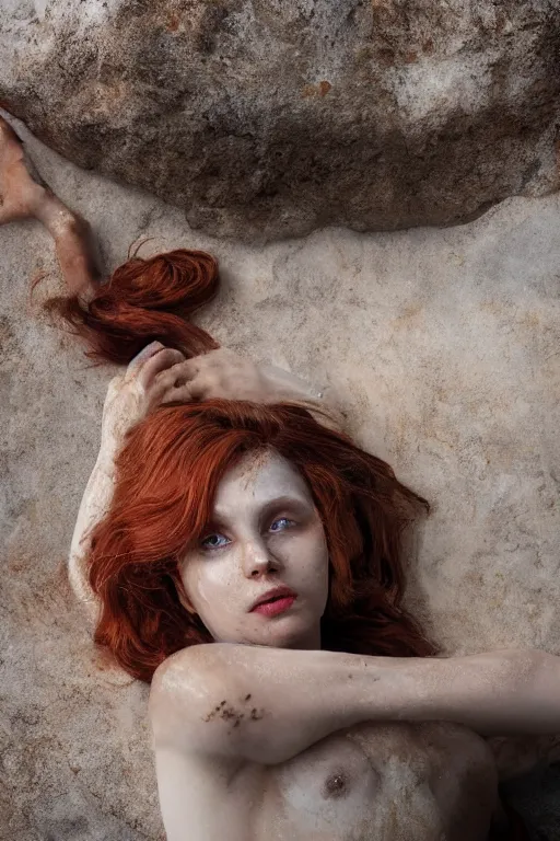 Image similar to A girl with a golden body, red hair, bronze eyes, lies in white water, marble background, bright light, Anachronism, Photorealism, 4k