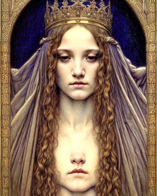 Image similar to detailed realistic beautiful young medieval queen face portrait by jean delville, gustave dore and marco mazzoni, art nouveau, symbolist, visionary, gothic, pre - raphaelite. horizontal symmetry