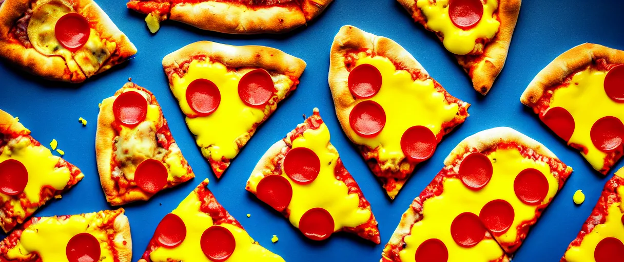Image similar to popart supercute gooey! pizza slices and chicken nuggets jason limon dramatic yellow lighting low angle hd 8k sharp shallow depth of field