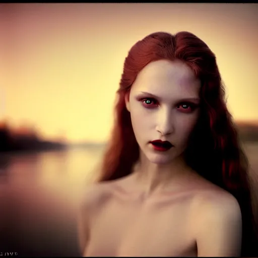 Prompt: photographic portrait of a stunningly beautiful vampire renaissance female in soft dreamy light at sunset, beside the river, soft focus, contemporary fashion shoot, hasselblad nikon, in a denis villeneuve movie, by edward robert hughes, annie leibovitz and steve mccurry, david lazar, jimmy nelsson, hyperrealistic, perfect face