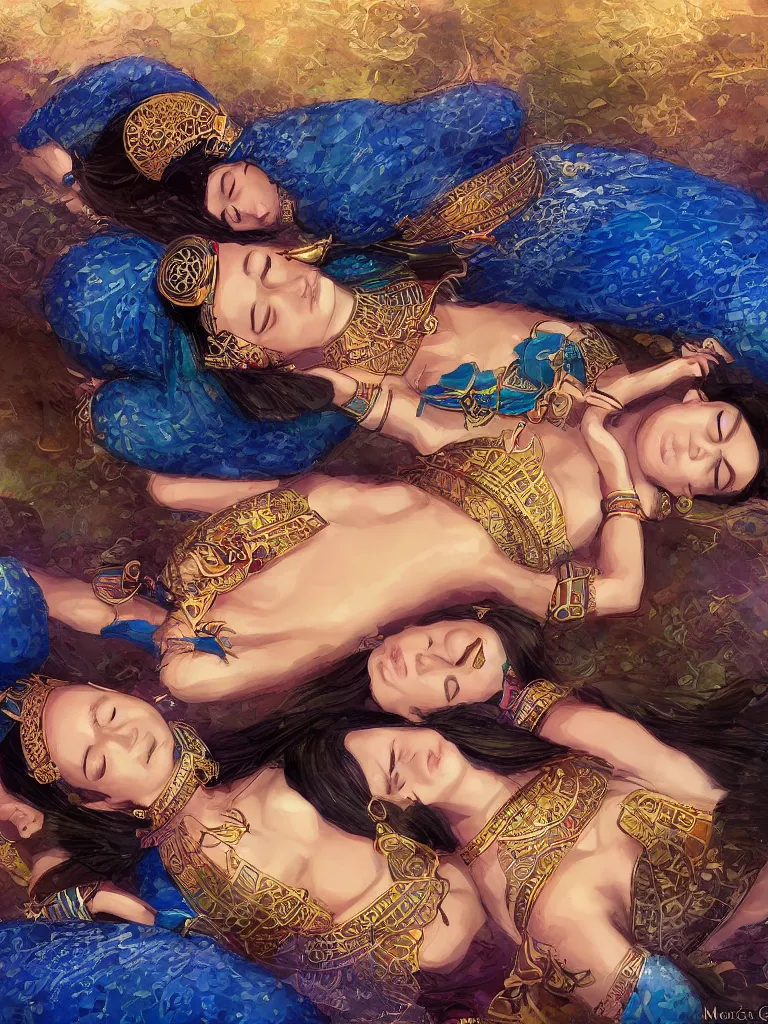 Image similar to beautiful female ancient Egyptian goddesses lying down asleep together next to the river Nile, blue lotus flowers grow around them as they sleep peacefully, intoxicated by the perfume, by Marc Simonetti