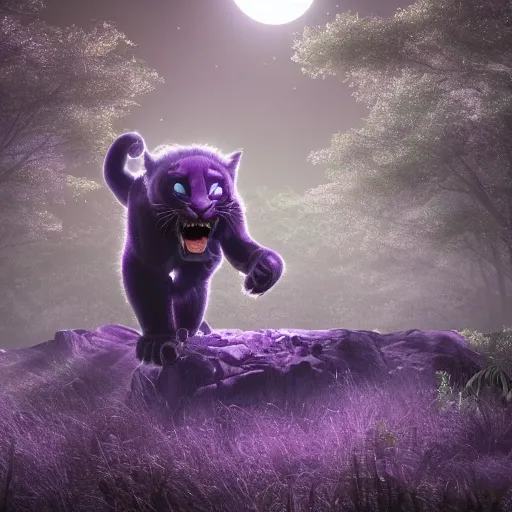 Prompt: a purple panther roaring at the moon in a forest during the night, large moon in the center. trending on artstation. cinematic. photoreal. dark colors. night.