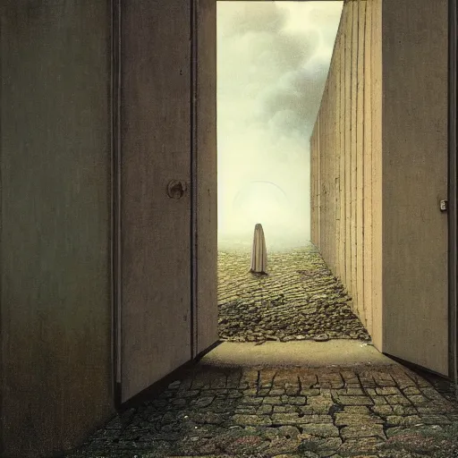 Image similar to hyperrealistic surrealism, david friedrich, award winning masterpiece with incredible details, zhang kechun, a surreal vaporwave painting of door leading to nowhere, mirrors everywhere, highly detailed