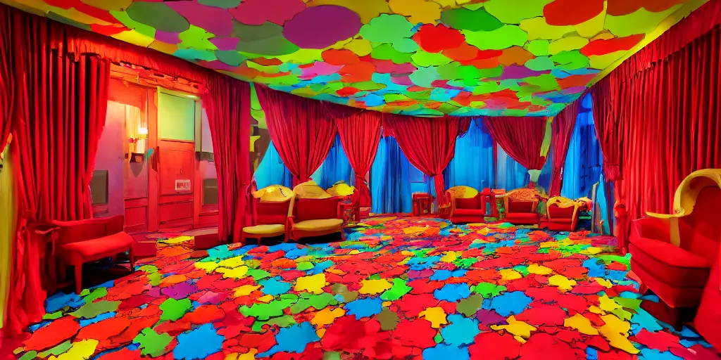 Image similar to a dimly lit, colorful, theater dressing room, made of candy, cartoon style