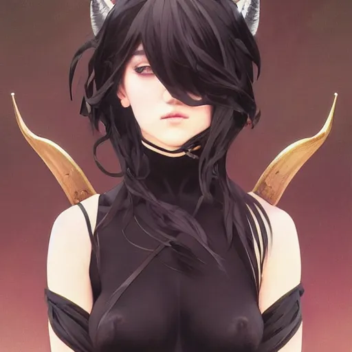 Prompt: a beautiful anime girl wtih balck horns and single eye mask,full body painting,by Greg Rutkowski and Ilya Kuvshinov and Alphonse Maria Mucha,super clear detailed,hyper realistic,trending on artstation,8k