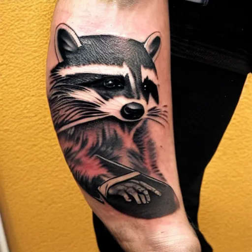 Image similar to tattoo of a raccoon landlord evicting a crying tenant