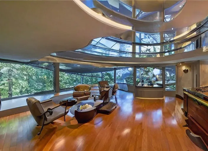 Image similar to zillow listing of a retro futuristic science fiction home for sale in the year 2400