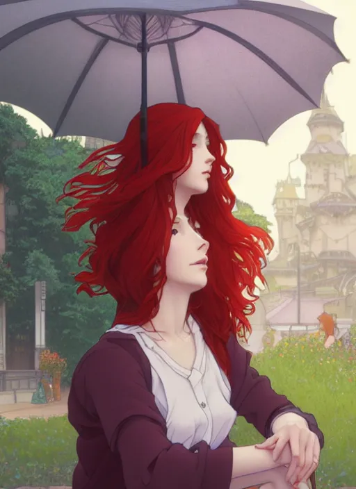 Image similar to pretty young woman with long red hair sitting at a bus stop in the rain, path traced, highly detailed, high quality, digital painting, by studio ghibli and alphonse mucha, leesha hannigan, makoto shinkai, disney