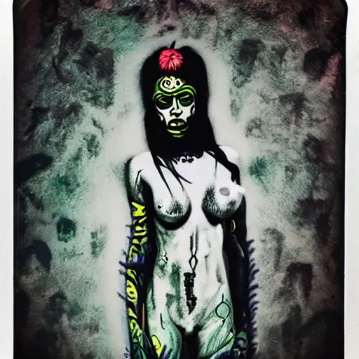 Image similar to dark voodoo priestress with neon tattoo sigils performing a sacred ritual, dark eerie backdrop, realistic digital art, inside a dark evil temple, polaroid pic by hyperrealism