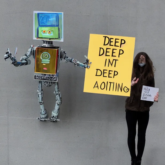 Image similar to a robot holding a sign that reads deep learning