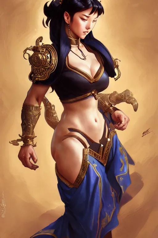 Image similar to beautiful chun li, full body shot, d & d, fantasy, intricate, elegant, highly detailed, digital painting, artstation, concept art, matte, sharp focus, illustration, hearthstone, art by artgerm and greg rutkowski and alphonse mucha