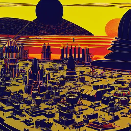 Prompt: portrait of darth vader, ghastly ornate circus barnum & bailey grand tent abandoned grand frank lloyd wright architectural library ; robert mccall space illustration doesburg mondian cityscape colorful sunset skies dr. - seuss curvy structures yellow - submarine