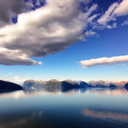 Image similar to A photo of a fjord in Norway. The sky is completely clear of clouds. Hyper realistic, 8k.