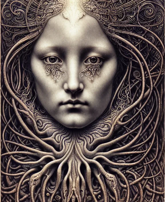 Image similar to detailed realistic beautiful moon goddess face portrait by jean delville, gustave dore, iris van herpen and marco mazzoni, art forms of nature by ernst haeckel, art nouveau, symbolist, visionary, gothic, neo - gothic, pre - raphaelite, fractal lace, intricate alien botanicals, ai biodiversity, surreality, hyperdetailed ultrasharp octane render