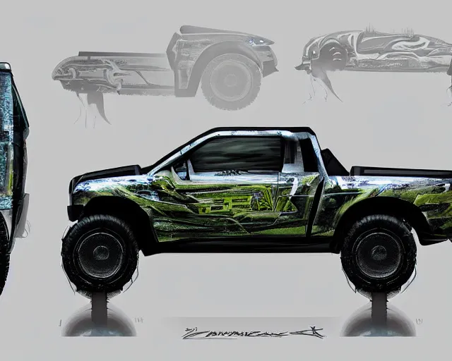 Prompt: futuristic truck design, concept art, award winning photorealistic illustration in the style of jurrasic park