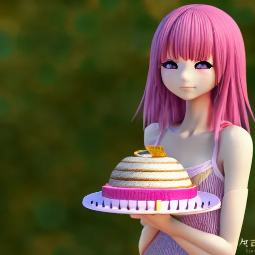 Prompt: Render of a beautiful 3d anime woman holding a birthday cake out to the camera, long light pink hair, full bangs, hazel eyes, cute freckles, full round face, soft smile, Chinese heritage, cute checkerboard sundress, golden hour, serene beach setting, medium shot, mid-shot, hyperdetailed, trending on Artstation, Unreal Engine 4k