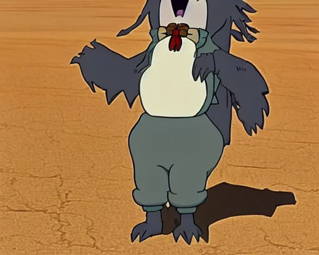 Image similar to a cell shaded cartoon grey lovecraftian mechanic wolf from howl's moving castle ( 2 0 0 4 ), with a big head, on a desert road, wide shot, studio ghibli, hq