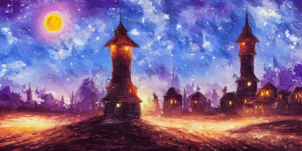 Prompt: stary night painting, artstation, tower, house, city