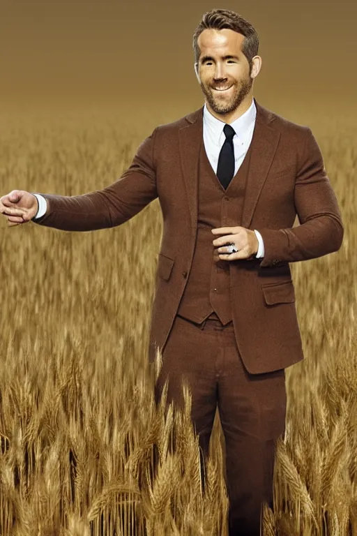 Image similar to ryan reynolds with hair of wheat field, photorealistic
