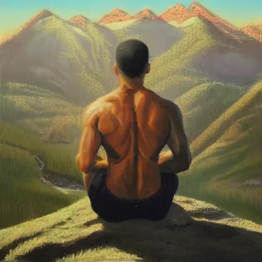 Prompt: beautiful oil painting of joe rogan meditating at the top of mountain